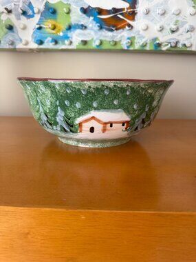R.H. Macy & Co. Bowl Holiday Winter House Scenery Colorful & Vintage Ceramic
